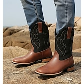 Men's Classic Cowboy Boots – Two-Toned Brown and Black Faux Leather with Distinct Stitching, Timeless Western Design for Casual Wear, Outdoor Adventures and Rodeo Events cheap Cowboy & Western Boots-Men's Classic Cowboy Boots – Two-Toned Brown and Black Faux Leather with Distinct Stitching, Timeless Western Design for Casual Wear, Outdoor Adventures and Rodeo Events