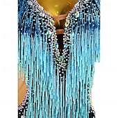 Robe de danse latine pour femme, bleu glacier, noir, franges, strass, manches longues, costume de performance pour compétition de cha cha rumba samba abordables robe de compétition-Robe de danse latine pour femme, bleu glacier, noir, franges, strass, manches longues, costume de performance pour compétition de cha cha rumba samba