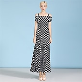 Χαμηλού Κόστους Πρότυπη Αίθουσα Χορού-Γυναικείο φόρεμα χορού με πουά και έξω τους ώμους - φόρεμα σε γραμμή Α για διαγωνισμούς, λάτιν και χορευτικές εκδηλώσεις - ροζ &amp;λευκό