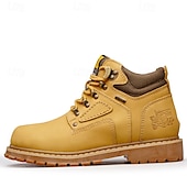 cheap Work Boots-Men's Yellow Faux Leather Work Safety Boots with Shock-Absorbing Sole and Steel-Toe Protection, Durable Construction Boots for Outdoor Labor and Industrial Work