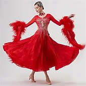 abordables Vêtements de Compétition-Robe de danse de salon pour femme, manches en plumes et strass, tenue de compétition de valse et de tango, avec dos transparent – rouge
