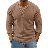 preiswerte Lässige T-Shirts für Herren-Herren T Shirt Cordhemd Henley Hemd T-Shirt Langarm Henley Frühling Herbst Einfach Mode Designer Basic Knöpfe Urlaub Straße Ausgehen Wein Top T-Shirt für Herren