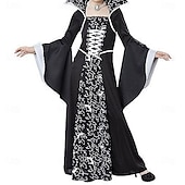 זול תחפושות לבנות-ילדים בנות שמלה גראפי ילדי תחפושת מכשפה שרוול ארוך מפלגה ליל כל הקדושים דפוס בסיסי תחפושות כותנה א-סימטרי שמלה עם כיווץ במותן קיץ אביב סתיו 4-12 שנים לבן יין