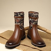 olcso Cowboy és nyugati csizma-Barna műbőr férfi félvádrávégű csizma terepszínű szövetrészletekkel – divatos és praktikus lábbeli szabadtéri kalandokhoz és hétköznapi viselethez