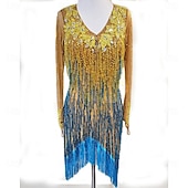 abordables robe de compétition-Women’s Gold and Blue Latin Dance Dress with Crystal Rhinestones and Fringed Details for Salsa, Tango, and Dance Performance