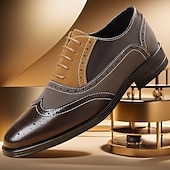cheap Brogue Shoes-Men's Brown and Beige Faux Leather Brogue Oxford Shoes with Wingtip Detailing and Classic Lace-Up Design, Vintage Formal Shoes for Office and Parties
