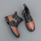 baratos Botas de trabalho-Botas masculinas de couro sintético bicolor, pretas e marrons, com tira de fivela lateral e design de gáspea dobrada, botas vintage feitas à mão para amantes da moda retrô