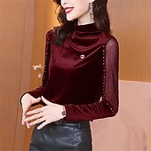 Dame Fløyel Bluse Dressy topper عادي Elegant Årgang damer Halvlange ermer Høyhalset Vanlige topper Arbeid Daglig Ferie Rynket Perler Netting Svart Rød Blå Lilla Høst Vinter billige Dressy topper-Dame Fløyel Bluse Dressy topper عادي Elegant Årgang damer Halvlange ermer Høyhalset Vanlige topper Arbeid Daglig Ferie Rynket Perler Netting Svart Rød Blå Lilla Høst Vinter