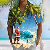 cheap Santa Claus Outfit-Christmas Men's Santa Claus Christmas Light Shirt Button Up Shirt Short Sleeve Funny Holiday Summer Spring Turndown 3D Print Collared Shirts Front One Pocket Blue