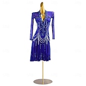 abordables robe de compétition-Robe de danse latine pour femme, bleu roi, strass, manches longues, franges, costume de performance pour compétition de samba, cha cha, rumba