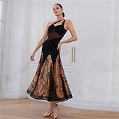 cheap Competition Wear-Women's Ballroom Dance Dress Black Lace Patchwork Mesh Asymmetric Shoulder Elegant Tango Rumba Competition Performance Gown