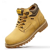 cheap Work Boots-Men's Yellow Faux Leather Work Safety Boots with Shock-Absorbing Sole and Steel-Toe Protection, Durable Construction Boots for Outdoor Labor and Industrial Work