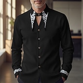 preiswerte Satinhemden für Herren-Herren Hemd Satinhemd Kleidhemd Besticktes Hemd Schwarz Weiß Langarm Geometrisch Einfach Gerader Kragen Urlaub Geschäft Stickerei Bekleidung Mode Lässig Smart Casual