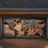 baratos Capas para portas de garagem-Capa de porta de garagem realista de madeira com design de mapa-múndi grande, cenário suspenso, painel decorativo educacional 3D para festas de fim de ano ao ar livre, decoração de quintal e casa
