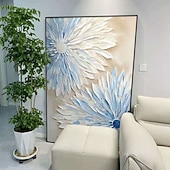 Недорогие Картины с цветочными мотивами-Картина маслом ручной работы на холсте, настенное искусство, украшение, абстракция, сине-белые 3D-цветы для домашнего декора, натянутая на раму, подвесная картина/рулонная безрамная ненатянутая
