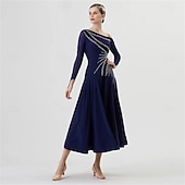 economico Abbigliamento da Competizione-abito da ballo da sala da donna, elegante abito da competizione per tango, valzer, foxtrot, con spalline asimmetriche e strass – blu navy