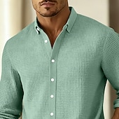 cheap Men's Smart Casual Shirts-Men's Shirt Waffle Shirt Casual Shirt Button Up Shirt Black Wine Navy Blue Green Long Sleeve Plain Lapel Casual Daily Clothing Apparel Fashion Streetwear Casual