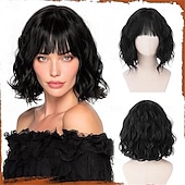 levne Syntetické trendy paruky-Krátká vlnitá paruka s hnědým melírem - 30 cm bob paruka s ofinou pro ženy, kudrnatá bob paruka po ramena s ofinou, měkké syntetické vlasy, paruky pro dívky, denní nošení, párty
