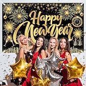cheap New Year-New Years Eve Party Black and Gold Decorations Sequin Backdrop – Glitter Black Gold Fabric Banner for 2026 Happy New Year Party, Photo Booth &amp; Holiday Celebration Decor