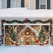Недорогие Рождественские чехлы на гаражные ворота-Новогодняя тематика гобелен Крышка гаражной двери Большое Подвесное Пряничный домик Симпатичные Стиль 3D Вечеринка На открытом воздухе Праздник Фоны для съемки Ярд (0,9 м) Домашний декор
