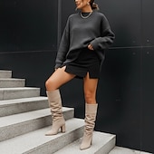 olcso Slouch Boots-női szürke velúr bő szárú csizma hegyes orrú és tömbsarkú cipővel - elegáns őszi és téli lábbelik hétköznapokra és elegáns alkalmakra