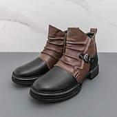 baratos Botas de trabalho-Botas masculinas de couro sintético bicolor, pretas e marrons, com tira de fivela lateral e design de gáspea dobrada, botas vintage feitas à mão para amantes da moda retrô
