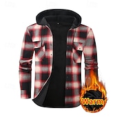 Недорогие фланелевые рубашки-Муж. Shacket Куртка-рубашка Зимняя куртка В клетку Отпуск На каждый день Красный Небесно-голубой Темно-зеленый Оранжевый Длинный рукав Капюшон Осень Зима Одежда Передний карман