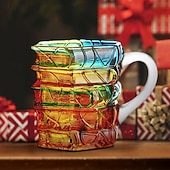 abordables Tazas-Taza con forma de libro pintado, original taza de café con libros pintados en 3D, regalo navideño, taza de café única de cristal con forma de libros apilados, regalo ideal para coleccionistas, lectores, bibliotecarios y amantes de la literatura.