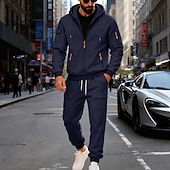 preiswerte Tute basic-Men's Tracksuit Outfit Set Hoodies Set Hoodie Outdoor Daily Sports Drawstring Zip Up Pocket Plain Black Navy Blue Brown Polyester Activewear Fashion Streetwear Fall