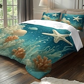 preiswerte Bettbezug-Sets-Unterwasserwelt Seestern &amp;3-teiliges Daunenbettbezug-Set mit Oktopus-Motiv für Queensize-Betten, weicher Bettbezug mit 2 Kissenbezügen – Hotel &amp;Gästezimmerbettwäsche, gemütlich &amp; komfortabel