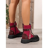 Недорогие Женские ботинки-Модные армейские ботинки на массивном каблуке с цепочкой в форме сердца – бордовые и черные