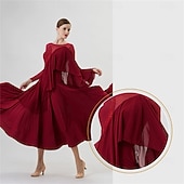 economico Abbigliamento da Competizione-abito da ballo da sala da donna in chiffon drappeggiato, manica lunga, elegante abito da competizione per valzer, tango, foxtrot – rosso vino