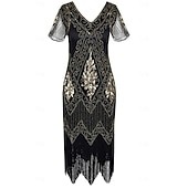 tanie Sukienki z lat 20-tych-Zestaw Retro / vintage Ryczące 20s 1920 roku Do kolan Sukienka w stylu lat 20-tych Sukienka koktajlowa Wymyślny kostium z akcesoriami Krótkie rękawy Wielki Gatsby Dziewczyna podlotek Cekiny Frędzel W