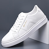 abordables Zapatillas Informales-Zapatillas casuales de piel sintética blanca para hombre con panel de acento marrón y diseño con cordones, zapatos de calle cómodos para atuendos urbanos y deportivos diarios.