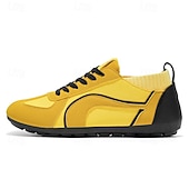 baratos Tênis Casuais-Tênis casual masculino amarelo e preto com design de malha respirável, calçado leve e antiderrapante para caminhadas ao ar livre, viagens e estilo cotidiano