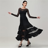 cheap Competition Wear-Women's Ballroom Dance Dress Layered Ruffle Mesh Long Sleeve Elegant Tango Waltz Foxtrot Competition Performance Gown – Black