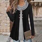 tanie Paski i geometryczne bluzy z kapturem-Damskie Bluzka Guziki Kratka Elegancja Codzienny Elegancki Długi rękaw Wysoki Długie topy Codzienny Święto Wyjściowe Niebieski Biały Czerwony Zielony Khaki Wiosna Jesień