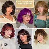 levne Syntetické trendy paruky-Krátká vlnitá paruka s hnědým melírem - 30 cm bob paruka s ofinou pro ženy, kudrnatá bob paruka po ramena s ofinou, měkké syntetické vlasy, paruky pro dívky, denní nošení, párty