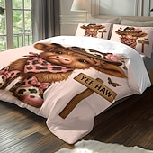 baratos Conjuntos de capa de edredão-Conjunto de capa de edredom de 3 peças com estampa de vaca das terras altas e flores fofas para cama grande, capa de edredom curta e macia com 2 fronhas – roupa de cama para quarto de hotel,