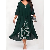 ieftine Rochii-Pentru femei Mărime Plus Rochie casual Floral În V Lungime Manșon 3/4 Primăvară Toamnă Elegant Modă Modern Casual Rochii Midi Zilnic Concediu Rochie