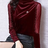 Dame Fløyel Bluse Dressy topper عادي Elegant Årgang damer Halvlange ermer Høyhalset Vanlige topper Arbeid Daglig Ferie Rynket Perler Netting Svart Rød Blå Lilla Høst Vinter billige Dressy topper-Dame Fløyel Bluse Dressy topper عادي Elegant Årgang damer Halvlange ermer Høyhalset Vanlige topper Arbeid Daglig Ferie Rynket Perler Netting Svart Rød Blå Lilla Høst Vinter