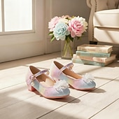 זול נעלי נסיכה לילדים-נעלי מרי ג'יין נוצצות לבנות עם פפיון ופנינים - צבעי הקשת בענן, עקב נוח