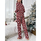 baratos Pijamas de Natal-Conjunto de Pijamas de Natal Feminino com Boneco de Neve e Árvore de Natal Confortável Gráfico do Pai Natal Cintura Elástica Camiseta Calça Férias em Casa Manga Longa Gola Redonda Rosa Vinho Vermelho