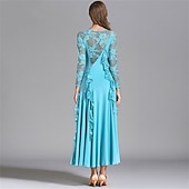 economico Sala da Ballo Standard-Abito da ballo da sala con dettagli in pizzo per donna - abito a trapezio a maniche lunghe con dettagli arricciati per competizioni, balli latini ed eventi di danza - azzurro