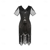 お買い得  1920年代のドレス-セット 20代の轟音 1920年代風 膝丈 フラップワンピース 二次会ドレス / カクテルドレス ファンシーコスチューム アクセサリー付き 半袖 グレートギャツビー フラッパーガール スパンコール タッセル Ｖネック 仮装 女性用 クリスマス 新年 パーティー スピークイージー マスカレード 成人 ドレス グローブ イヤリング