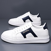 abordables Zapatillas Informales-Zapatillas casuales de piel sintética blanca para hombre con panel de acento marrón y diseño con cordones, zapatos de calle cómodos para atuendos urbanos y deportivos diarios.