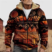 cheap Geometric Pattern-Men's Graphic Hoodie Jacket Fashion Ethnic Casual Long Sleeve Hooded Outdoor Sports Outdoor Going out Light Brown Dark orange Red Orange Brown Pocket Print Fleece Winter Designer S M L XL 2XL 3XL