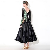 Χαμηλού Κόστους Ανταγωνιστικά Ρούχα-Γυναικείο φόρεμα χορού ασύμμετρο με φλοράλ κεντημένο σατέν μακρυμάνικο, κομψό φόρεμα βαλς, τάνγκο, φοξτροτ, διαγωνισμού – μαύρο &amp;πράσινο