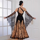 cheap Competition Wear-Women's Ballroom Dance Dress Black Lace Patchwork Mesh Asymmetric Shoulder Elegant Tango Rumba Competition Performance Gown