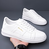 abordables Zapatillas Informales-Zapatillas casuales de piel sintética blanca para hombre con panel de acento marrón y diseño con cordones, zapatos de calle cómodos para atuendos urbanos y deportivos diarios.